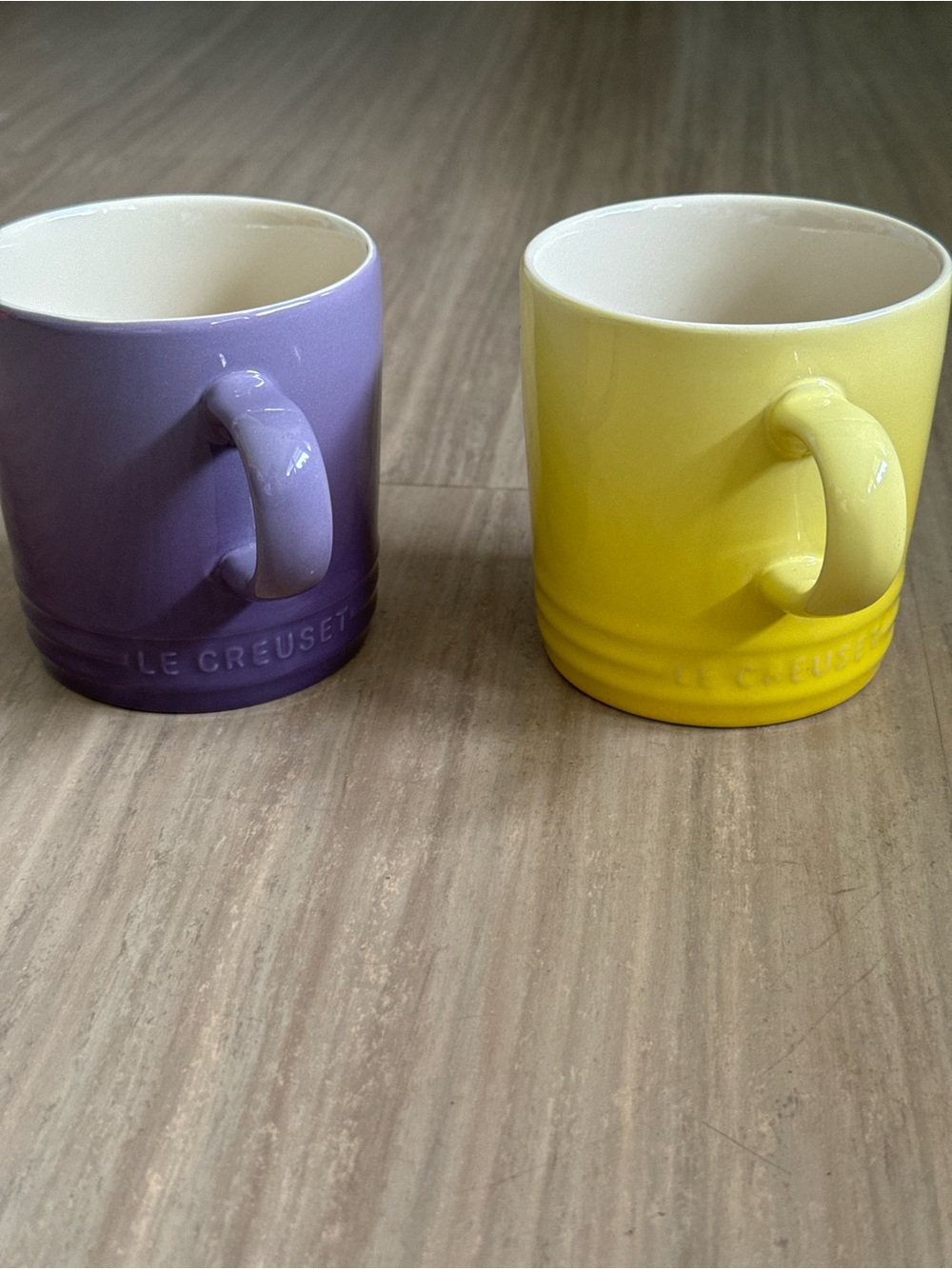 Le Creuset Purple and Yellow Stoneware Coffee Mugs Pair 12 OZ / 350 ML